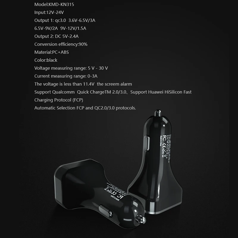 QC3.0 устройство для автомобиля с двумя портами USB Зарядное устройство 2 Порты и разъёмы с светодиодный Дисплей 12-24V гнездо для автомобильного прикуривателя для мобильного телефона планшеты и т. д