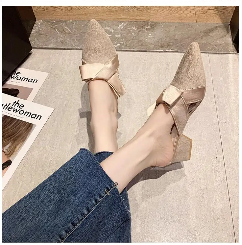 2021 summer new mid-heel bowknot ladies slippers pointed high heels slippers ladies fashion women's shoes