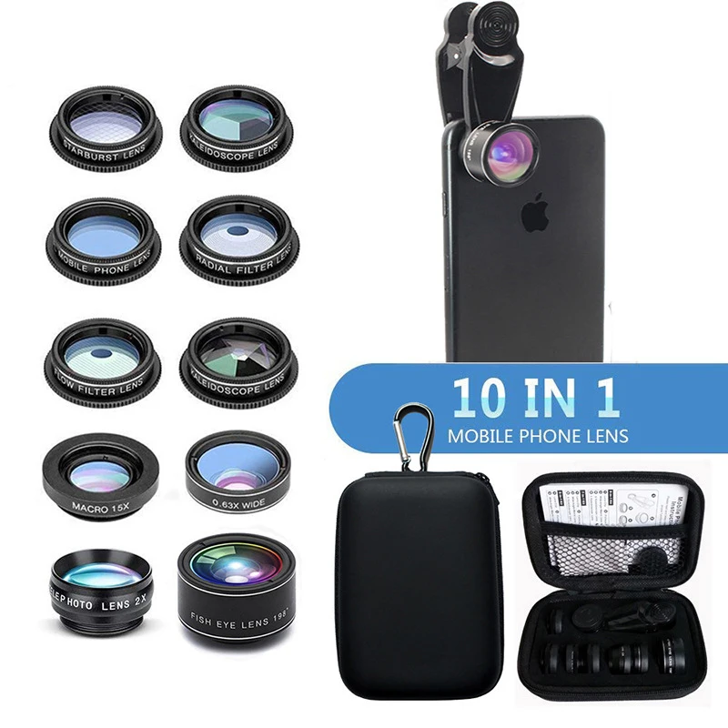 

10in1 Phone Camera Lens Kit Fisheye Wide Angle Telescope Macro Mobile Lenses For iPhone Samsung Redmi 7 Huawei Cell Phone