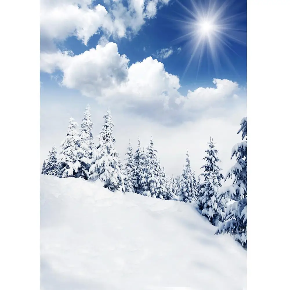 Рождественская елка голубое небо белые облака Солнце Снег фон для фотосъемки