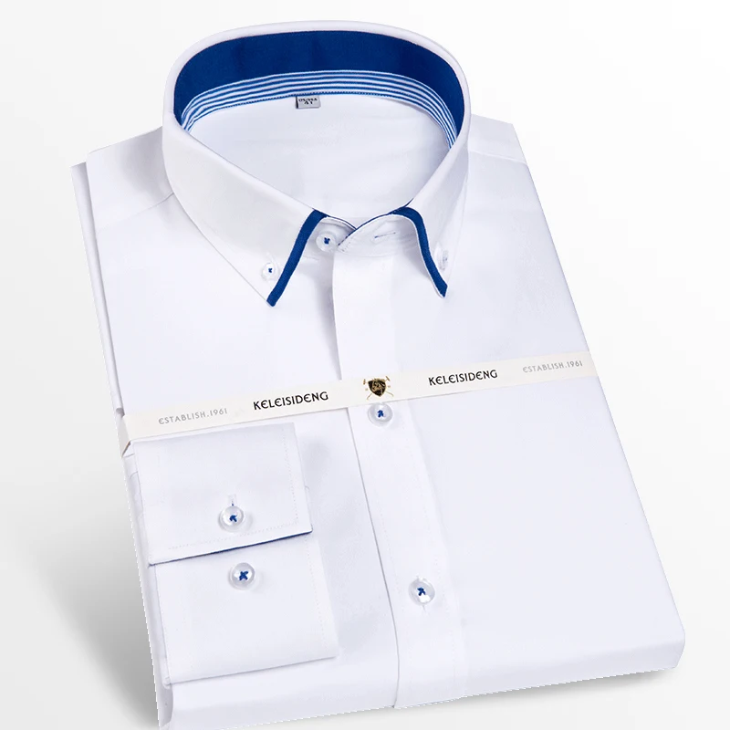 

Men's Casual Double Collar Inner Contrast Button-down Shirts Comfortable 100% Cotton Long Sleeve Standard-fit Dress Shirt