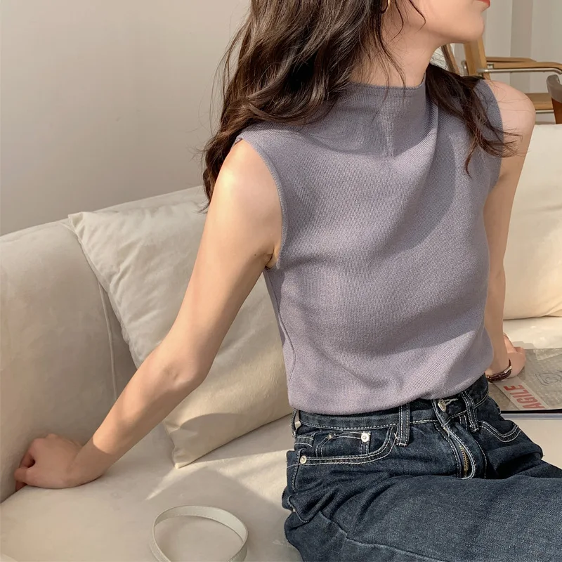 

Knitted Vest Women's New Stand Up base Slim Sleeveless T-shirt Sweater Vest Top Waistcoat Suspender Knitted Chic Female