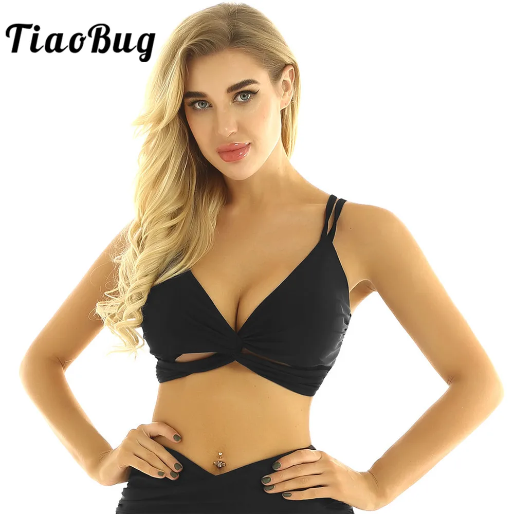 

TiaoBug Fashion Women Strappy Deep V Neck Removable Pads Bra Activewear Workout Fitness Yoga Gymnastics Ballet Tops Dance Wear