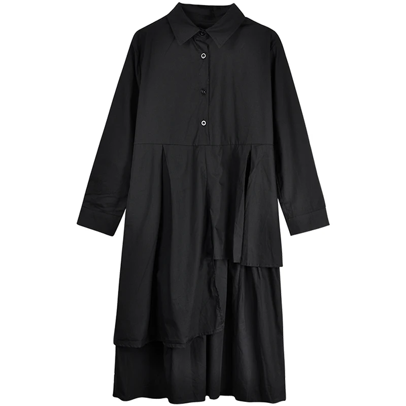 

Korean Long Sleeve White Black Shirt dress 2020 Summer Autumn Asymmetric Pleated Dress Women Sweet Casual Plus Size Dresses