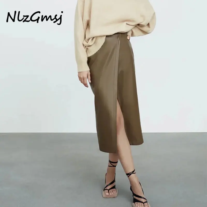 

Женская Юбка-миди из ПУ кожи, с завышенной талией, на молнии