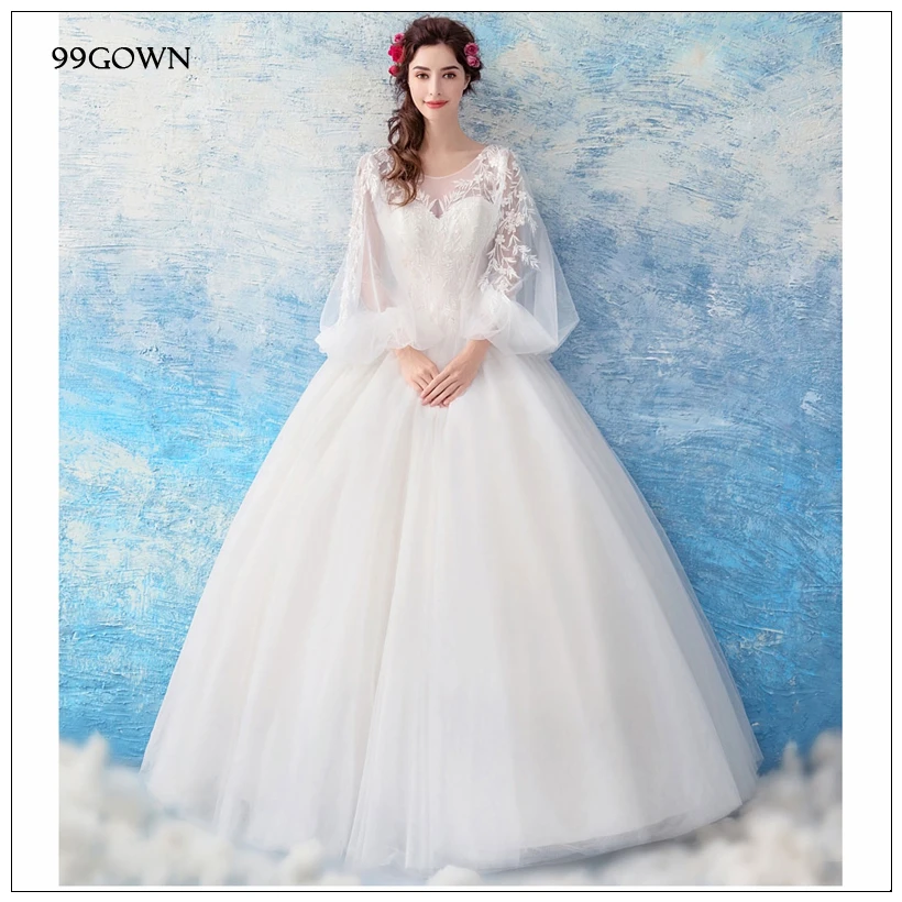 99GOWN, простые свадебные платья для свадебной церемонии, длинный рукав-фонарик, ТРАПЕЦИЕВИДНОЕ свадебное платье из тюля, с кружевами, с открытой спиной, бальное платье