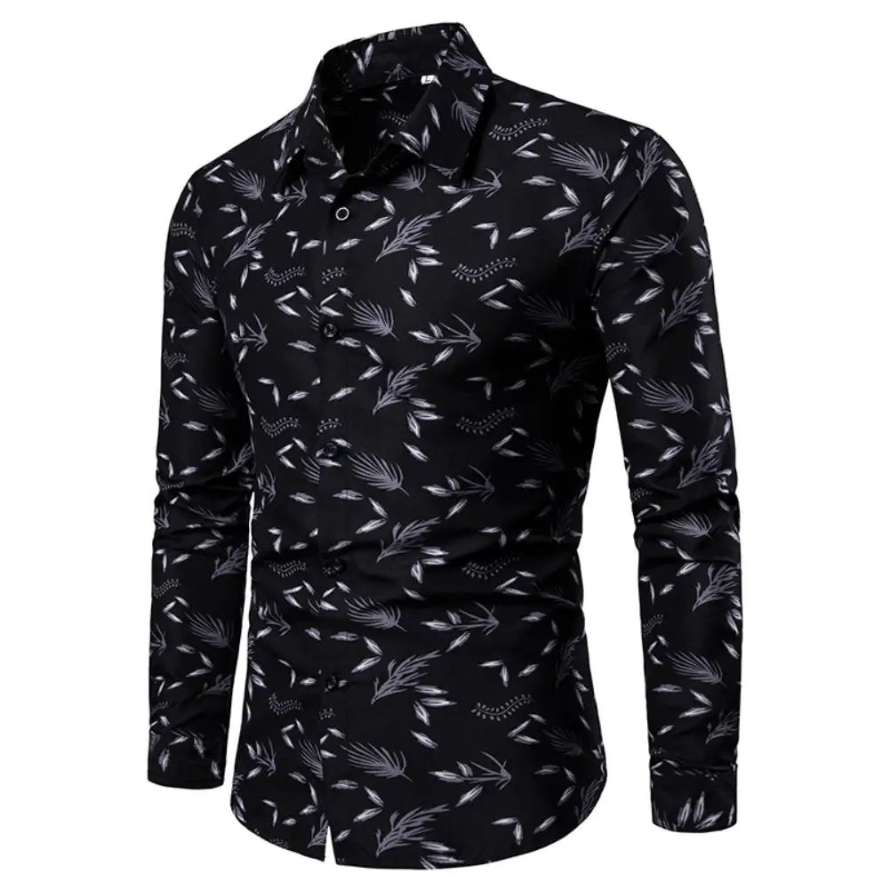 

Casual Shirt Men lapel Long Sleeve Leaf Print Buttons Slim Plus Size Shirt