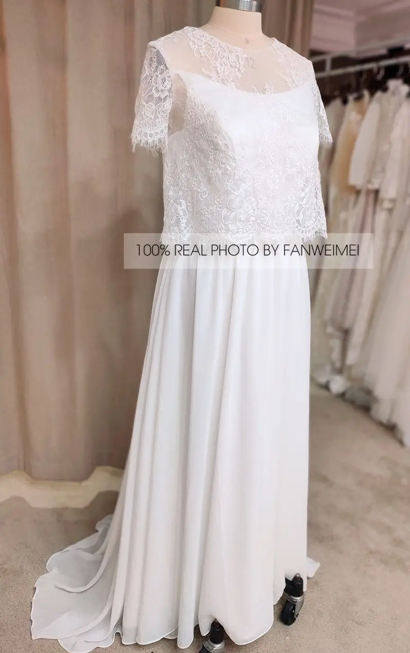 Two Piece Lace Short Sleeve New Spring Bridal Dress Bohemian Beach A Line Chiffon Wedding Gown Princess #6429