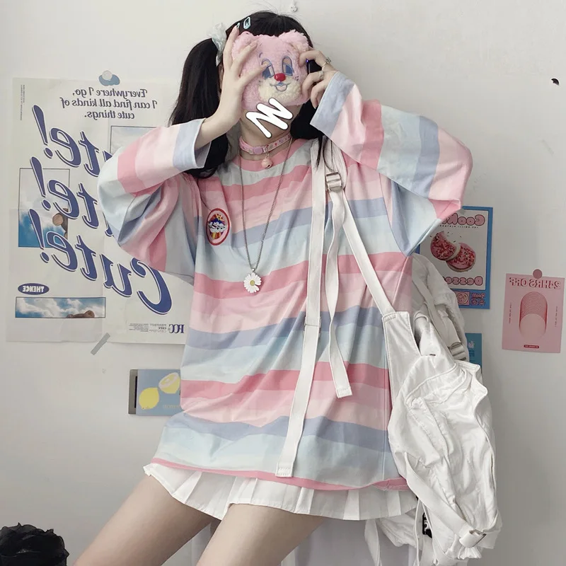 

harajuku Long Sleeve T Shirt girl Christmas Topspring autumn embroidery stripe Tops Tee Women full Sleeve T-shirt Casual Female