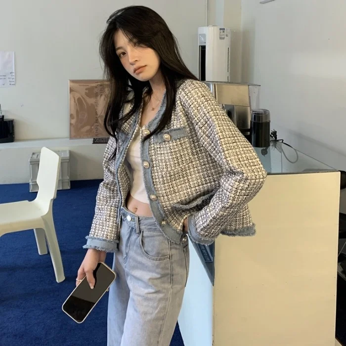 Tweed Tassel Edge Short Stitching Coat 2021autumn Retro Casual Fashion Top Women Rac | Женская одежда