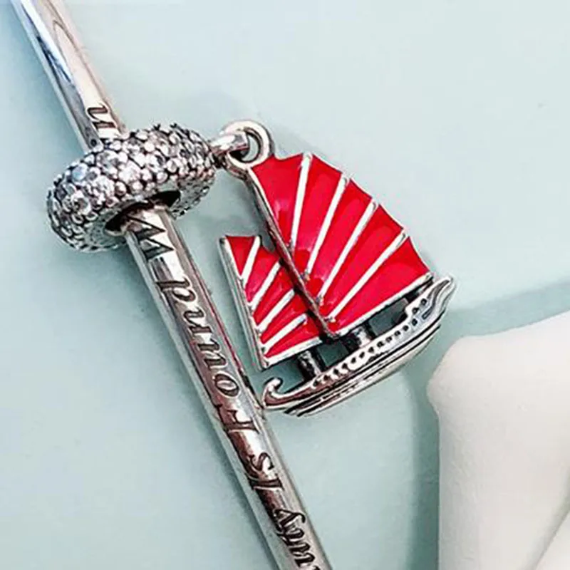 

100% 925 Sterling Silver Charm New Chinese Red Sailboat Pendant Fit Pandora Women Bracelet & Necklace Diy Jewelry