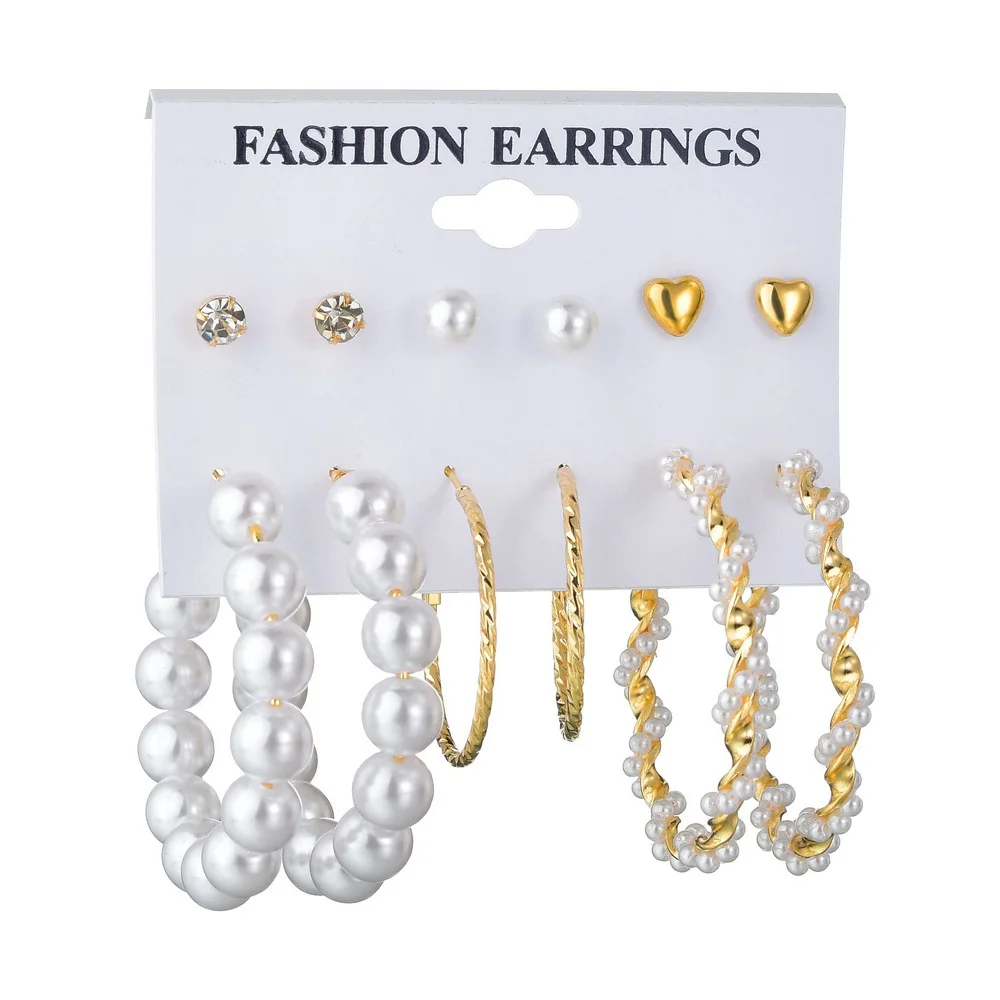 

New Style Ladies Popular Personality European and American Fashion Retro Exaggerated Pearl Circle Love 6 Pairs Earrings Set