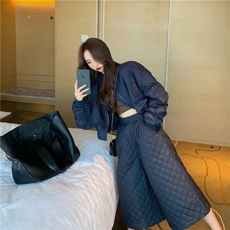 

2020 autumn and winter new loose long-sleeved short jacket + puffy rhombus suit wide-leg pants two-piece fashion pants