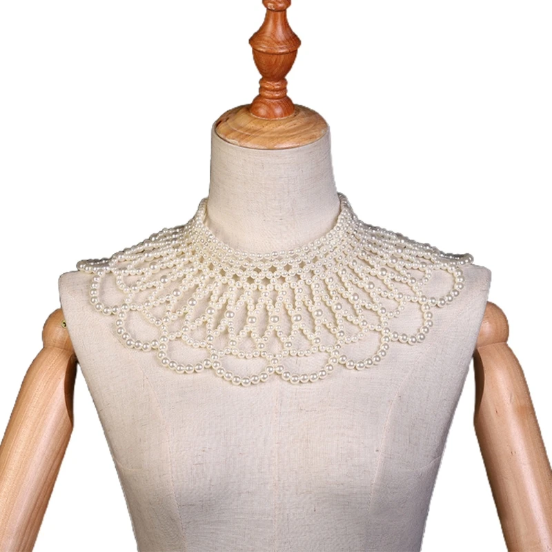 

Elegant Jewelry Bib Choker Necklace Vintage Luxurious Fanshaped Pearl Beaded Body Chain Shawl Collar Layered Statement