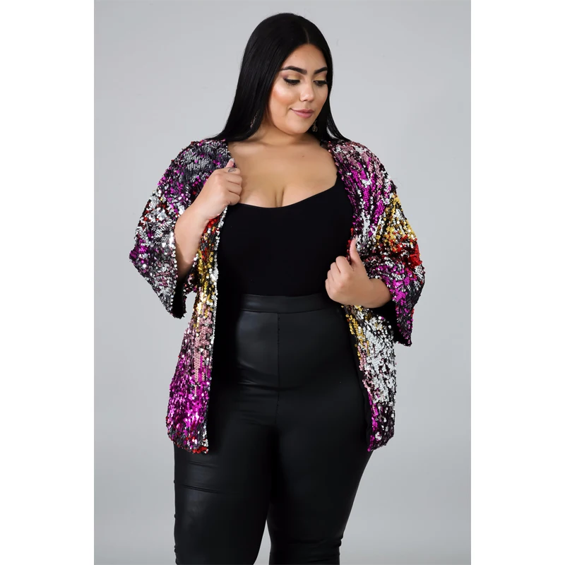 Autumn Coats and Jackets Women V Neck Long Sleeve Sequin Cardigan Casual Jacket Loose Plus Size Wholesale Dropshipping | Женская одежда