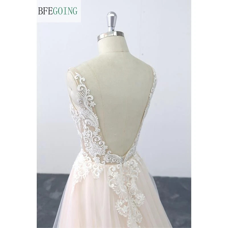 Ivory Lace Appliques Champagne Satin V-Neck Sleeveless Floor-Length A-Line Wedding Dress Chapel Train Custom Made | Свадьбы и