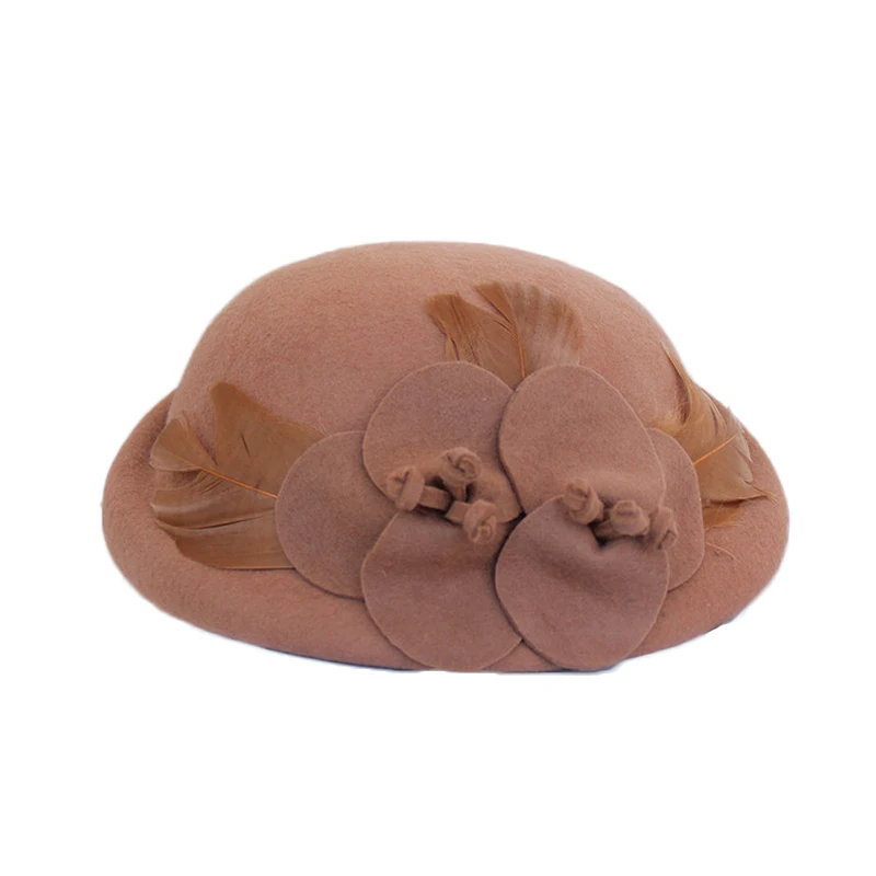 Dark Camel FS винтажная шерсть фетровая шляпа-котелок для женщин Черный Красный Цветочный чародей теплая зимняя церковная Кепка женская свадебная шляпа - Цвет: Dark Camel