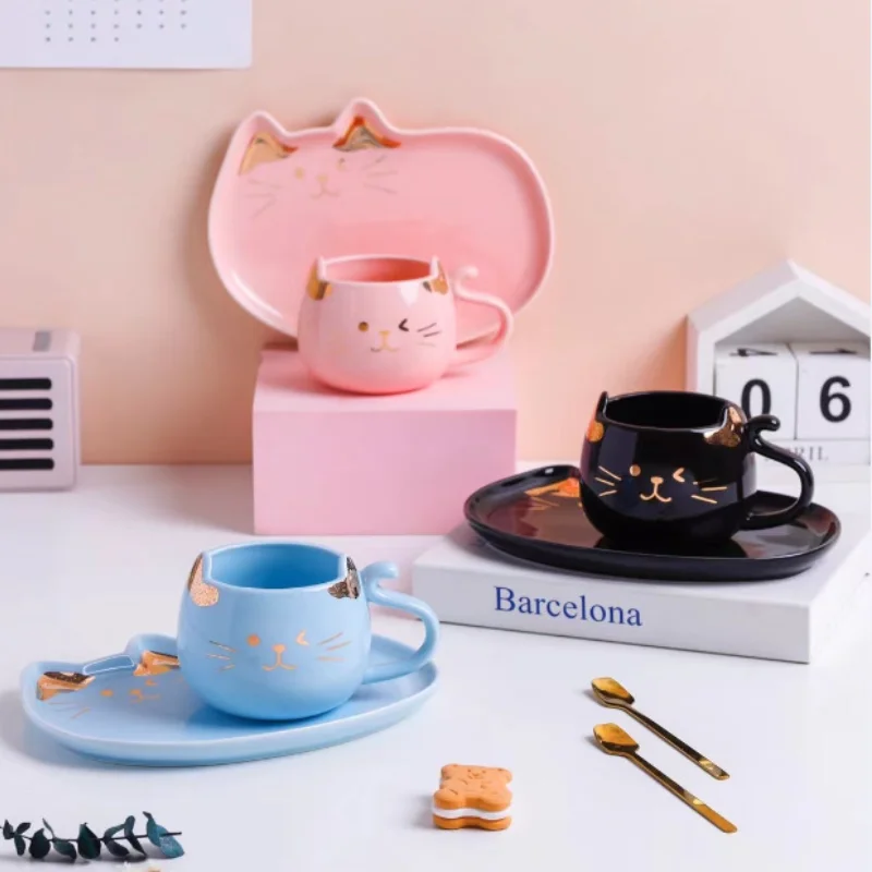 

Nordic tracing gold with spoon mug creative stereo cat coffee cup and saucer set home ceramic breakfast cup cups coffee cup set