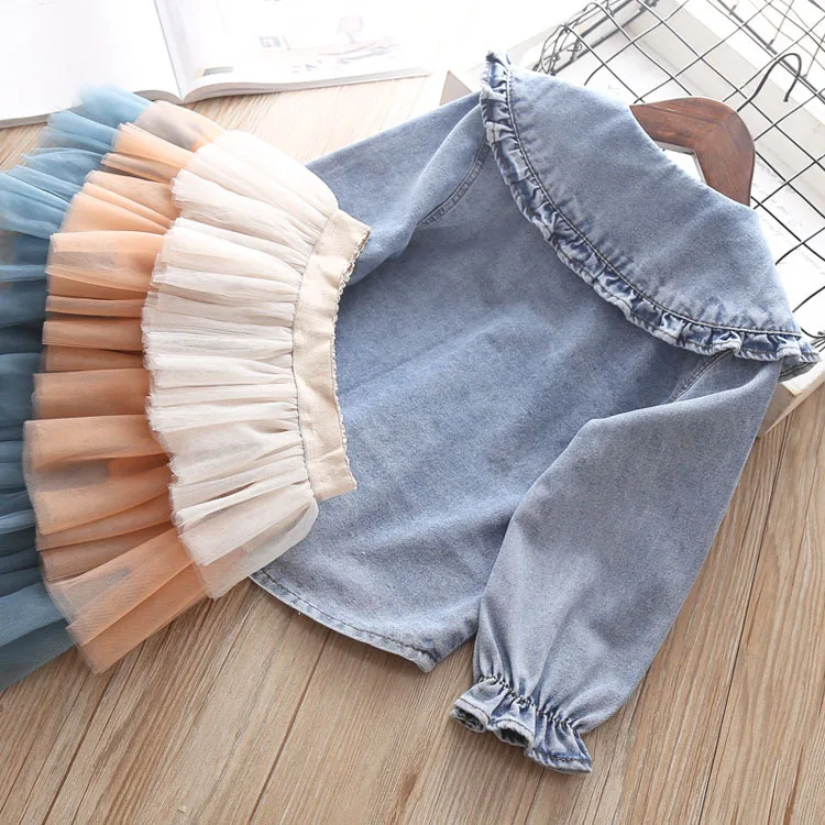 Детская одежда осень 2019 для маленьких девочек джинсовая рубашка + юбка комплект