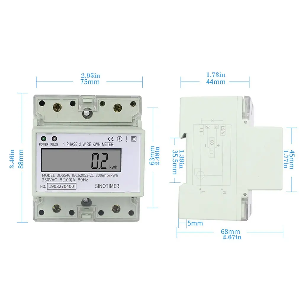 

SINOTIMER DDS546 Family Single Phase 2 Wire Digital Power Meter Electric Energy Meter Din Rail 5 (100) A 230V AC