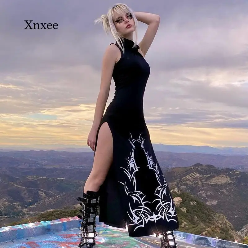 

Long Cheongsam Dress Gothic Print for Women Summer Turtleneck Academia Fashion Split Slim Harajuku Sleeveless Black Dresses