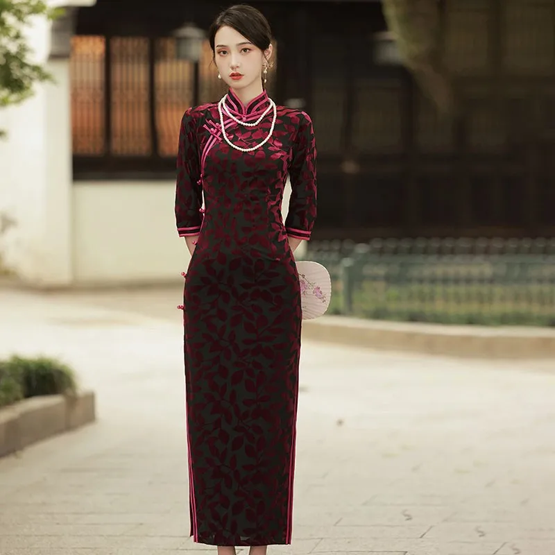 

Large Size 3XL 4XL Female Sexy Cheongsam Flower Vintage Button Qipao Mandarin Collar Formal Party Dress Gown Chinese Vestidos