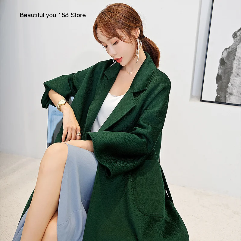 

2020 new m family high quality water ripple double-sided cashmere coat women's long knee lace up woolen coat
