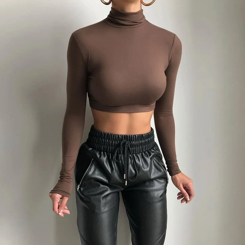 

Female Sexy Solid Color Crop Tops Streetwear Blouses Turtleneck Long Sleeve Slim Fit Shirts Exposed Navel Pullover T Shirt Tops