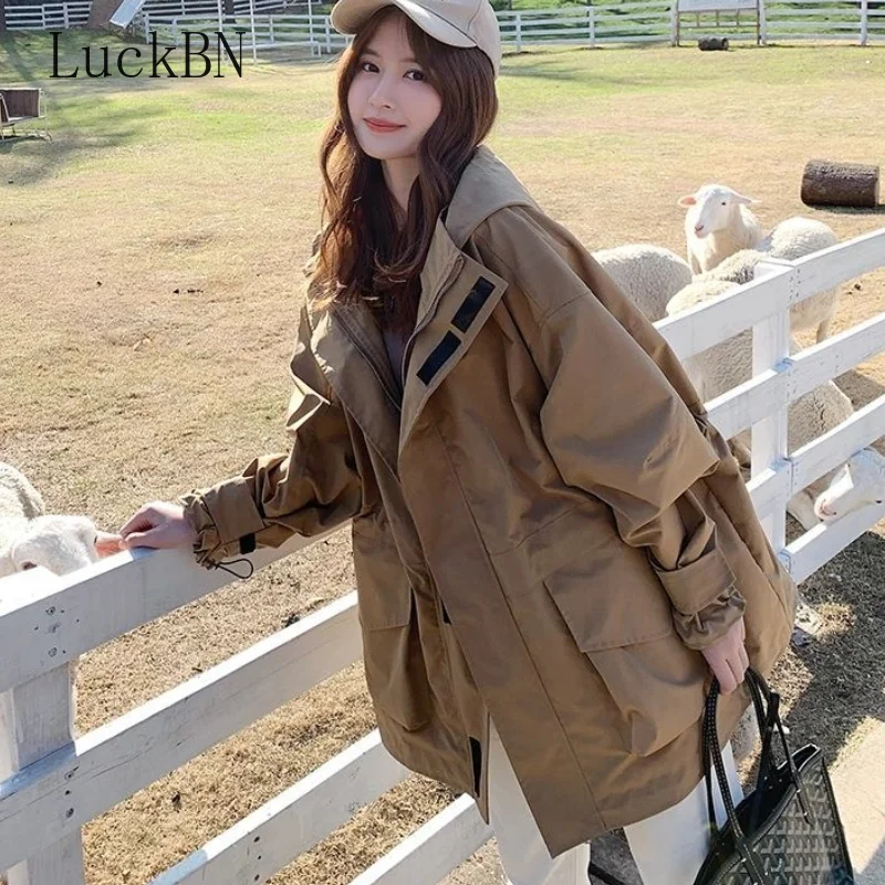 

Женская ветровка с капюшоном, Свободное пальто, новый стиль, жареная уличная мода, Корейская Повседневная рабочая куртка, ветрозащитное пал...