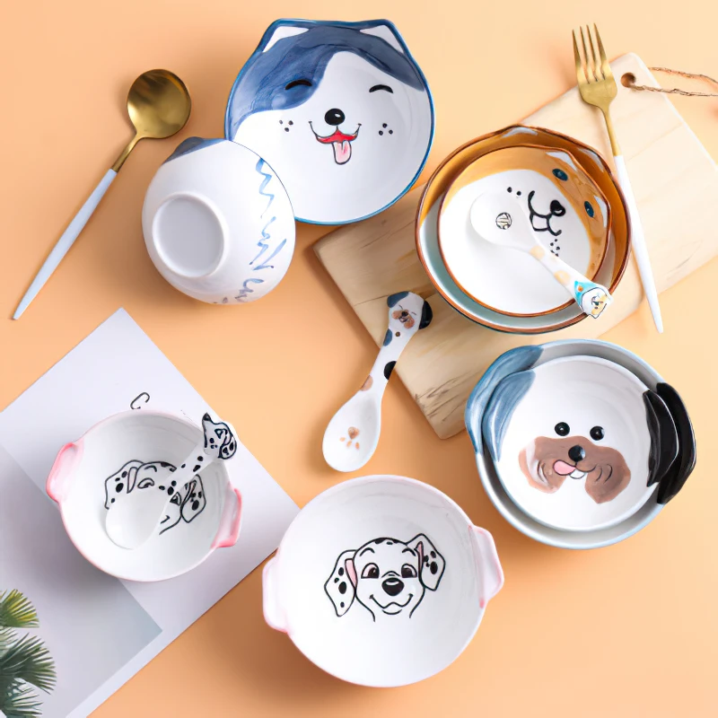 

Ceramics Cutlery Korean Cartoon Dog Bone China Dinner Plate Bowl Spoon Dish Dinnerware Household Kitchen Supplies Tableware