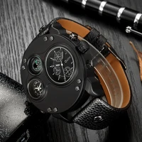 mens quartz watch compass double time zone large dial luminous leather strap metal pin buckle personality fashion