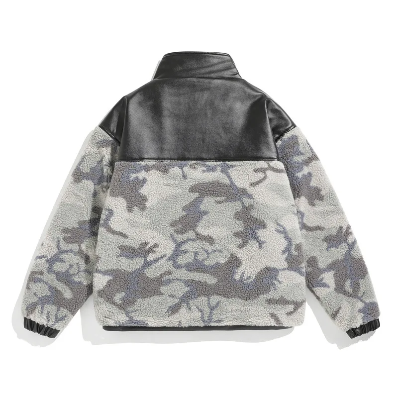 Men's fashion loose lamb-like wool coat plus velvet thick stitching leather imitation lamb wool cotton winter warm jacket