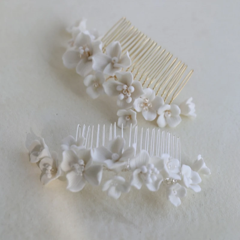 

Ins Porcelain Flower Wedding Comb Bridal Hair Piece Gold Silver Color Handmade Women Hair Ornament Jewelry