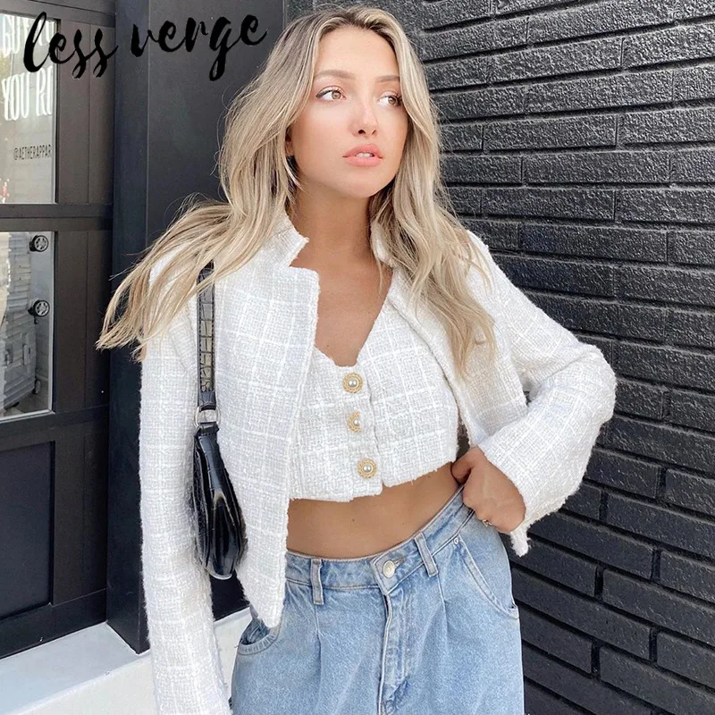 Lessverge белый твидовый Блейзер Пальто и куртки для женщин с длинным рукавом