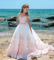 long pink lace flower girls dresses 2021 a line beach summer short sleeve sheer o neck formal wedding party dress for kids