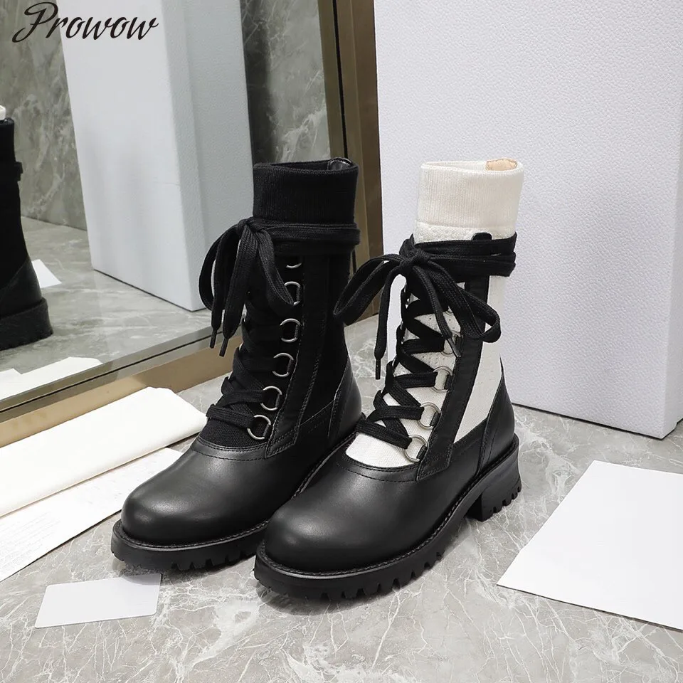 

Prowow Knitted Martin Boots Sock Shoes Women Autumn Winter Genuine Leather Platform Short Boots Lace-up Designer Shoes