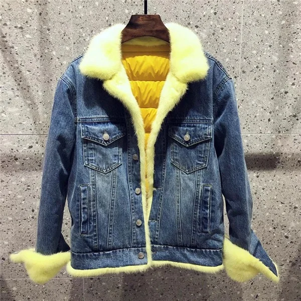 yellow mink fur PUDI PK914 Женское зимнее меховое пальто Джинсовая хлопковая парка куртка норковый меховой воротник пуховое пальто женское пальто - Цвет: yellow mink fur