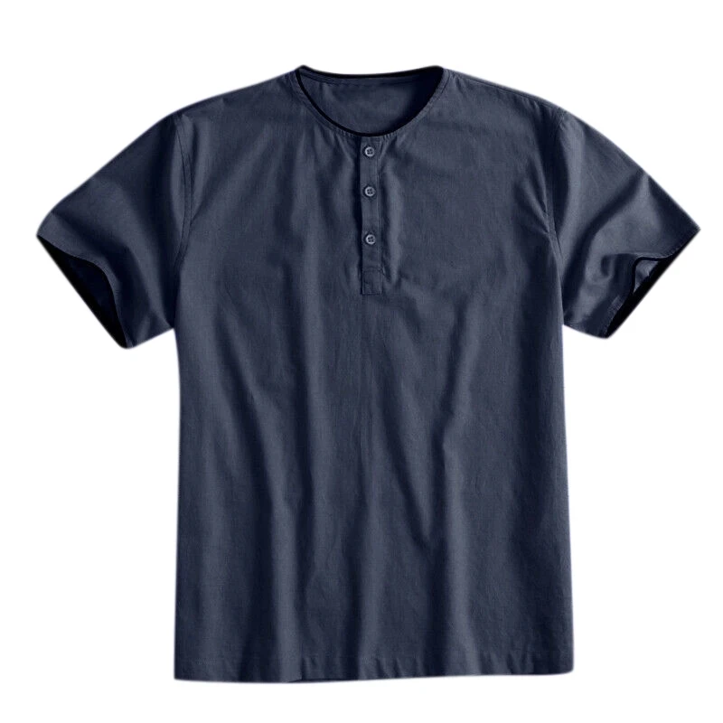 

Short Sleeve Breathable Top Casual Button O-neck T-Shirt Navy Blue T-Shirt Men 2021