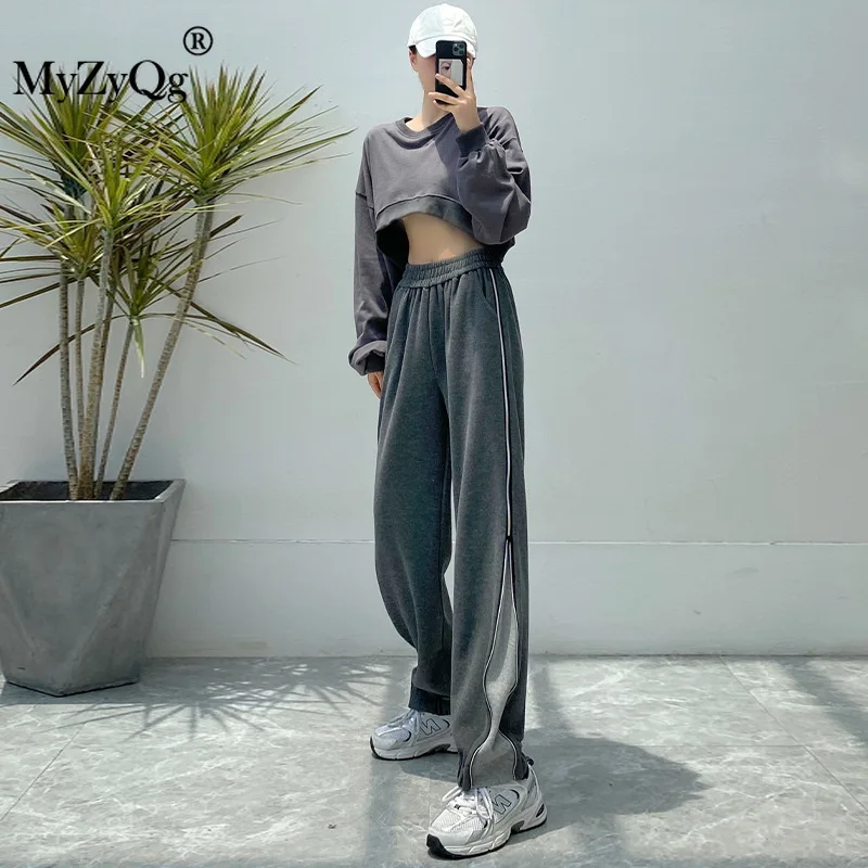 

Spring Autumn Side Zipper Dark Gray Sweatpants Women Loose Feet Slimming Trousers High Waist Casual Two-wear Wide Leg Pants
