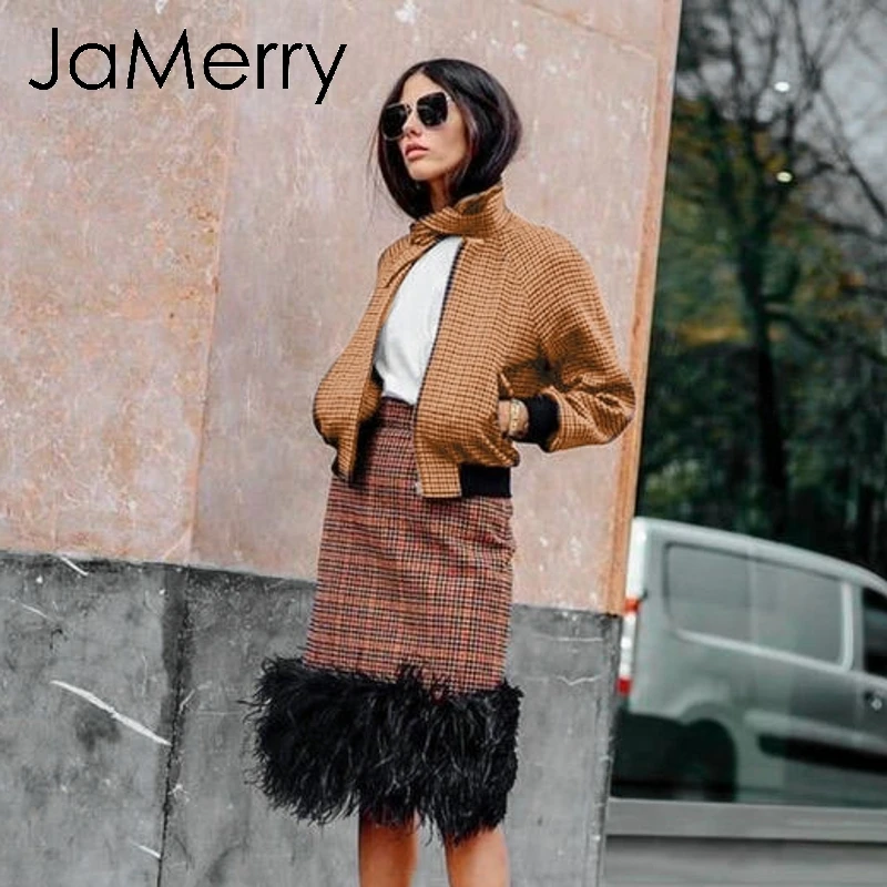 JaMerry винтажный галстук бабочка в клетку Женская куртка пальто с длинным рукавом