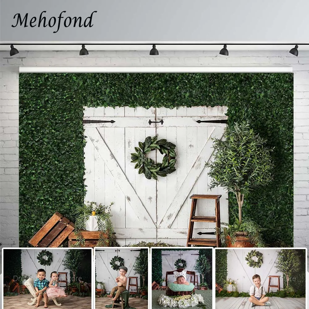 

Mehofond Spring Photography Backdrop Green Leaves White Wooden Door Background Child Portrait Photo Studio Photozone Photophone