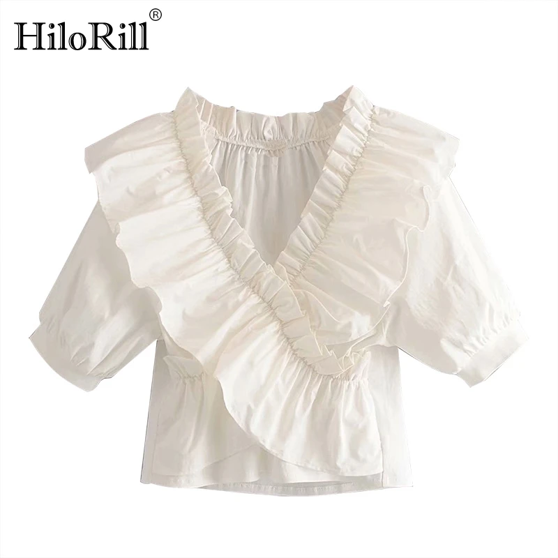 

HiloRill Women Chic Ruffles Blouse Summer V Neck Pleated White Ladies Tunic Tops Lantern Short Sleeve Female Shirt Blusas Mujer