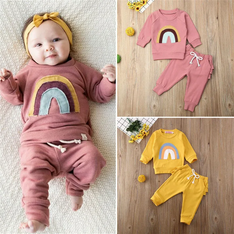 Осенне-зимний комплект одежды для новорожденных девочек радужные топы с