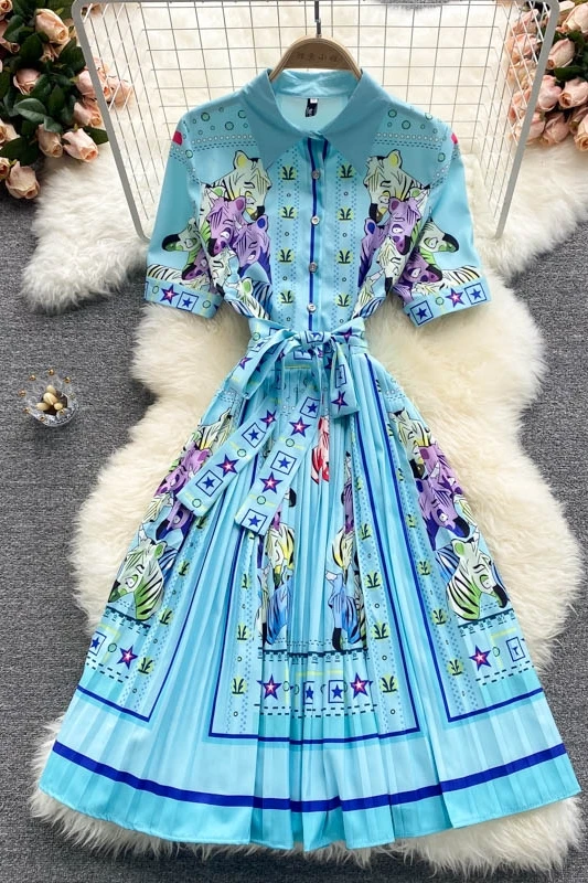 

Women's Summer Short Sleeve Single Breasted Pleated Dress 2021 Vintage Printed Streetwear Long Dress Ladies Elegant Vestidos