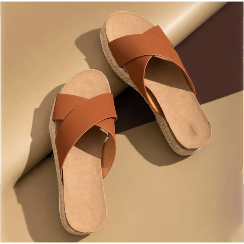 

Women PU Hemp Flats Slippers Platform Ladies Cross Leopard Female Shoes Summer Comfort Casual Home Beach Woman Slipper 2021
