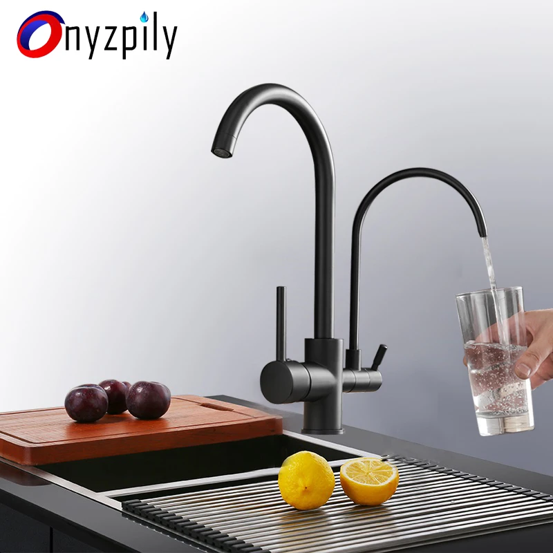 Кран для кухни Onyzpily хромированный черный смеситель с поворотом на 360 градусов