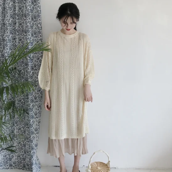 Новинка 2020 женское вязанное платье с дырочками черный и бежевый цвета женские