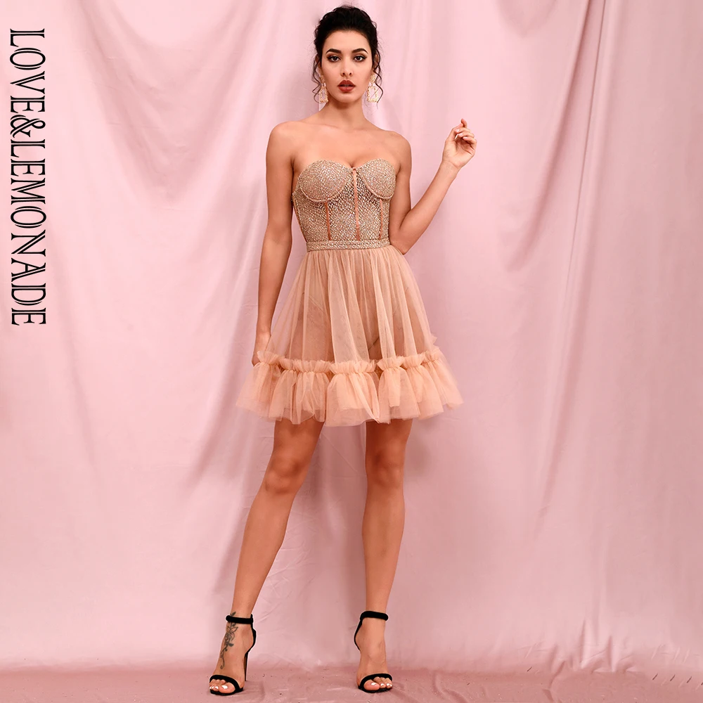 Женское мини-платье LOVE &amp LEMONADE золотистое прозрачное Сетчатое Пышное вечерние