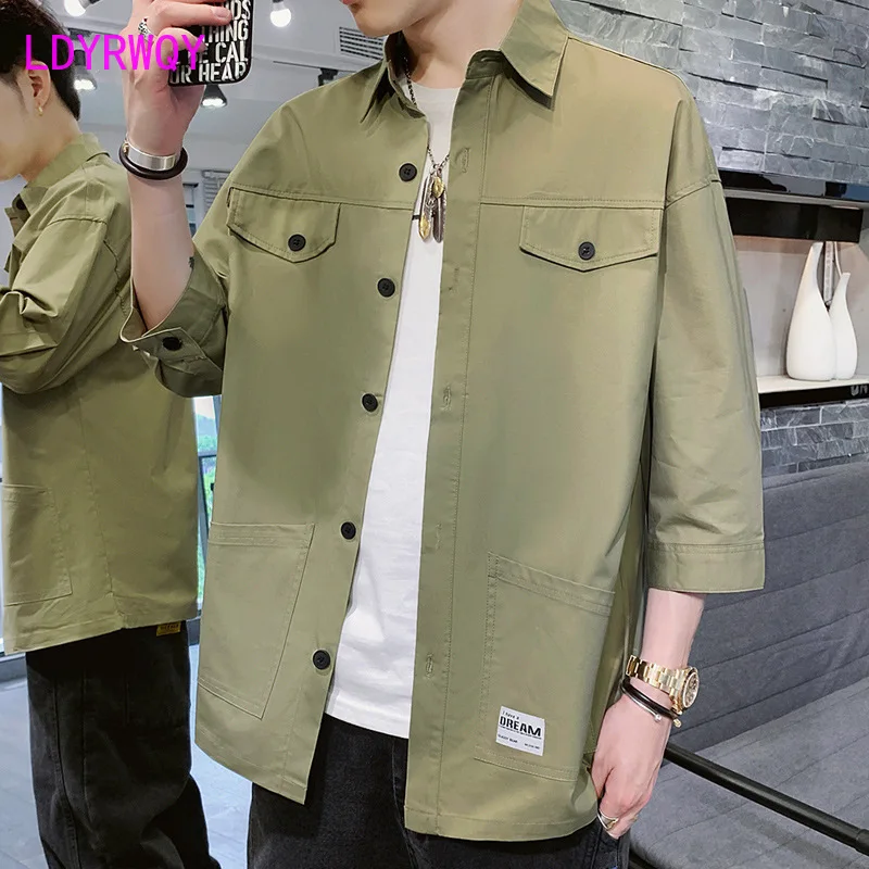 

LDYRWQY 2021 new summer Korean version of solid color three-quarter sleeves fashion retro pocket lapel single-breasted shirt