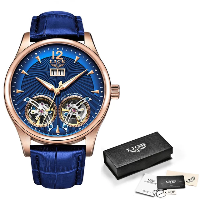 Rose gold blue Мужские часы, новинка, LIGE, синяя кожа, двойной турбийон, механические мужские часы, Топ бренд, Роскошные автоматические часы, Montre Homme+ коробка - Цвет: Rose gold blue